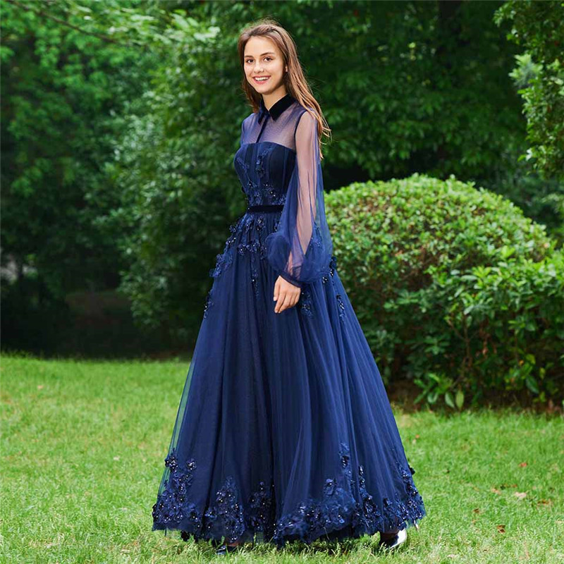 Elegant Blue Lace A Line Prom Dresses Custom Hollow Floor Length Evening Beads Long Sleeves Party Gowns Robe De Mariée