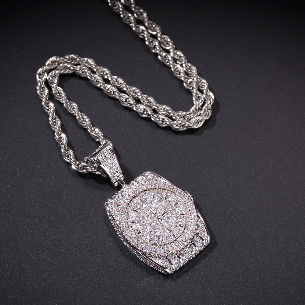 Gold & White Gold Iced Out CZ Cubic Zirconia Mens Watch Dial Pendant Necklace Cuban Chain personalized Diamond Hip Hop Jewelry for Men