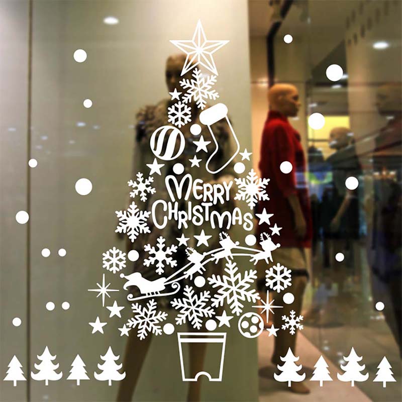 Merry Christmas Window Glass Sticker Decoration Xmas Tree Wall Stickers Snowman Santa Claus Home Background
