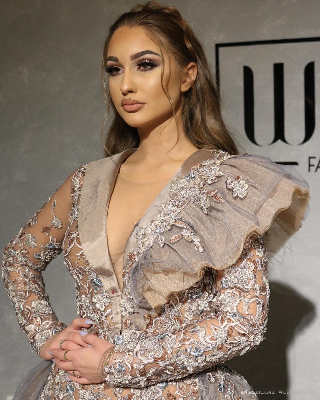 Charming Mermaid Lace Evening Dresses With Detechable Train Sheer Deep V Neck Prom Gowns With Long Sleeves Plus Size Formal Dress