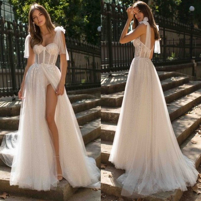 A Line Sparkly Sequined Bohemian Wedding Dresses Sweetheart Neck Side Split Bridal Gowns Tulle Sweep Train Appliqued Robe De Marie ppliqued