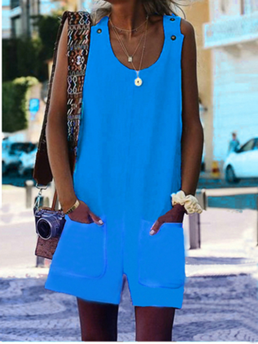 Jumpsuits European spring and summer fashion pocket button solid color round neck casual street jumpsuit support mixed batch