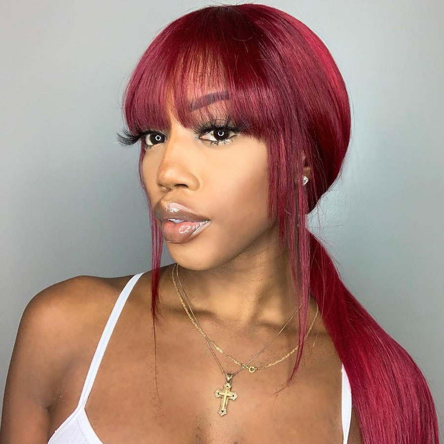 Free shipping Fringe With Bangs For Black Women Red silation Human Hair Wigs Colored Bang 99j Bury synthetic Lace Front Wig