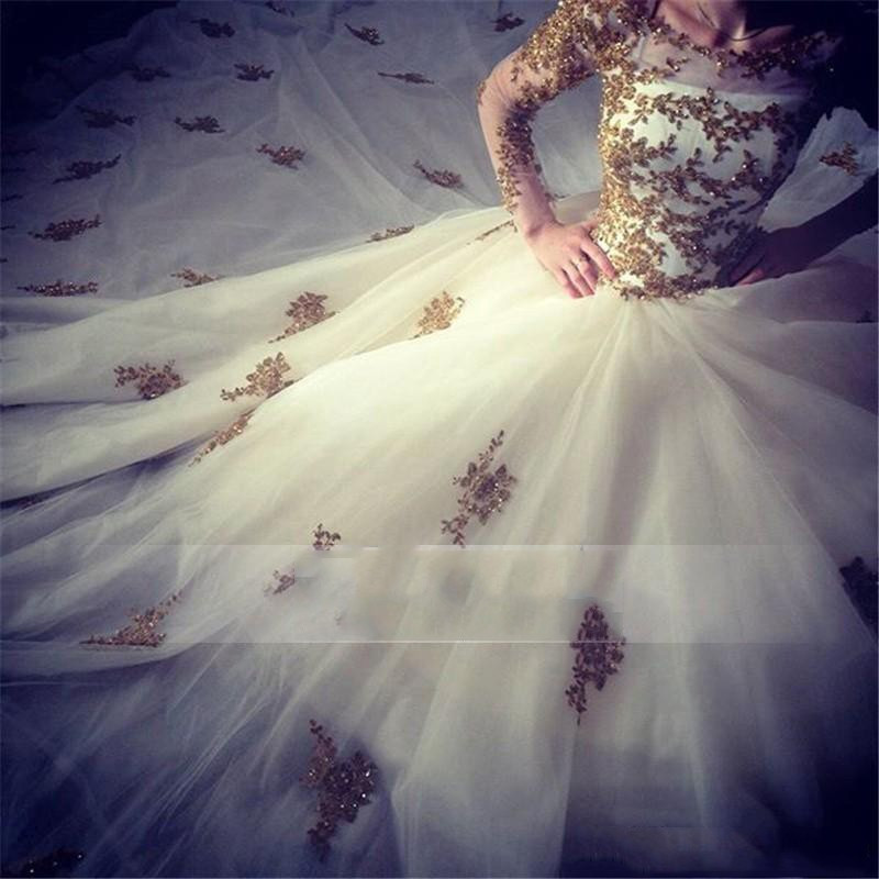 New gold lace gothic ball gown wedding dresses puffy beaded long sleeves bridal gown luxury long train sheer neck china church wedding gowns
