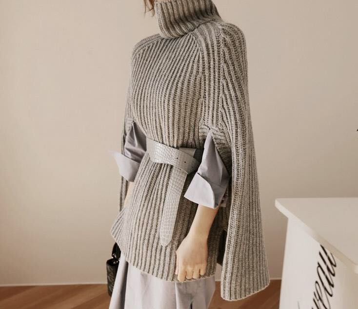 Oversized Turtleneck Cape Sweater For Women - Versatile Knit Shawl Coat