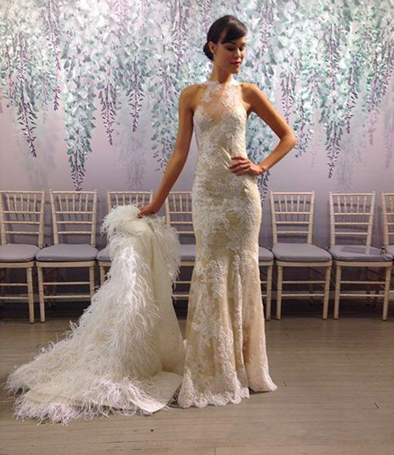 2019 New Lace Wedding Dresses With Feather Overskirt Mermaid Sheer Jewel Neckline Backless Bridal Gowns Monique Lhuillier Wedding Dress