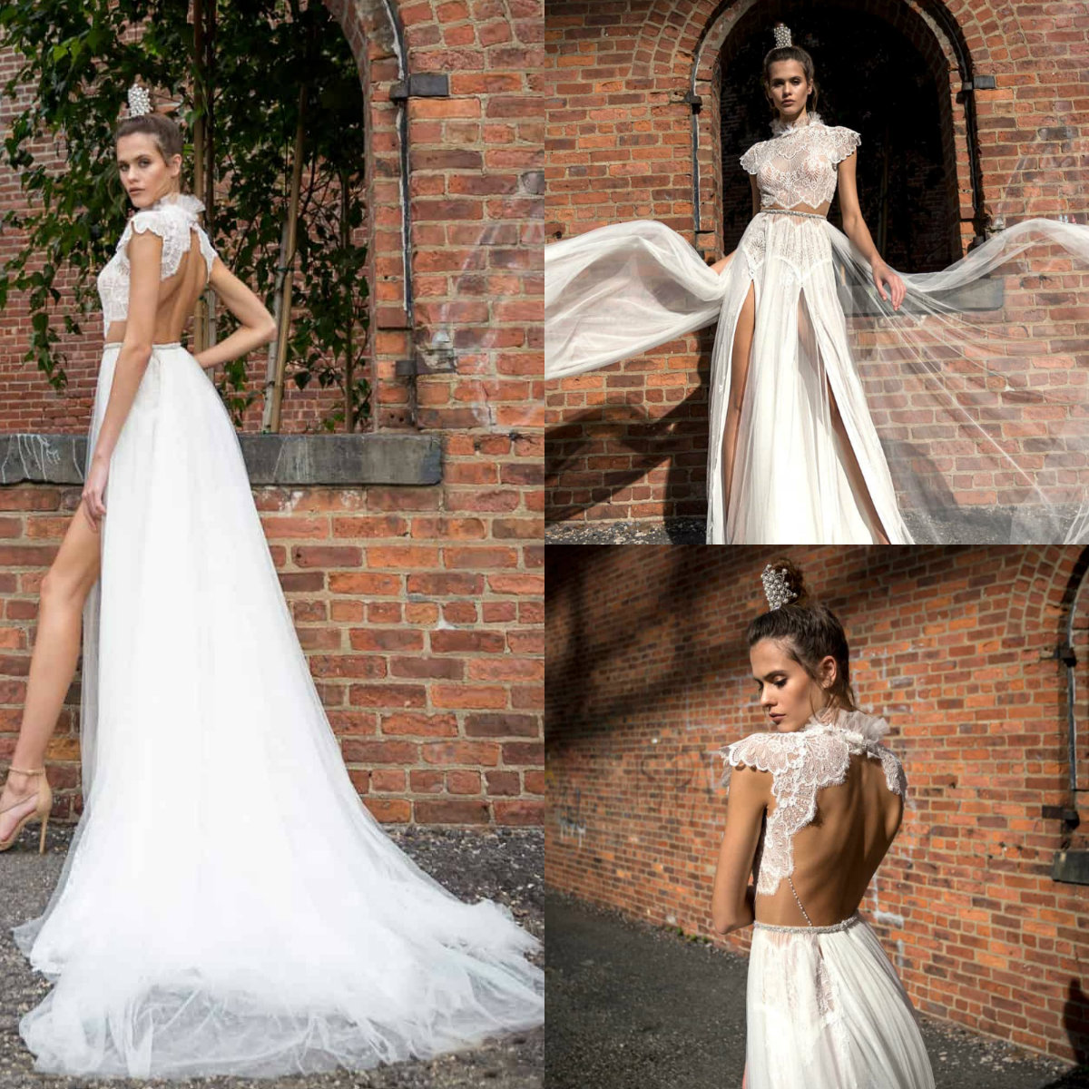 2019 Lace Boho Wedding Dresses Two Pieces High Collar Thigh High Slits Solo Merav Beach Wedding Dress Backless Cheap Bridal Gowns
