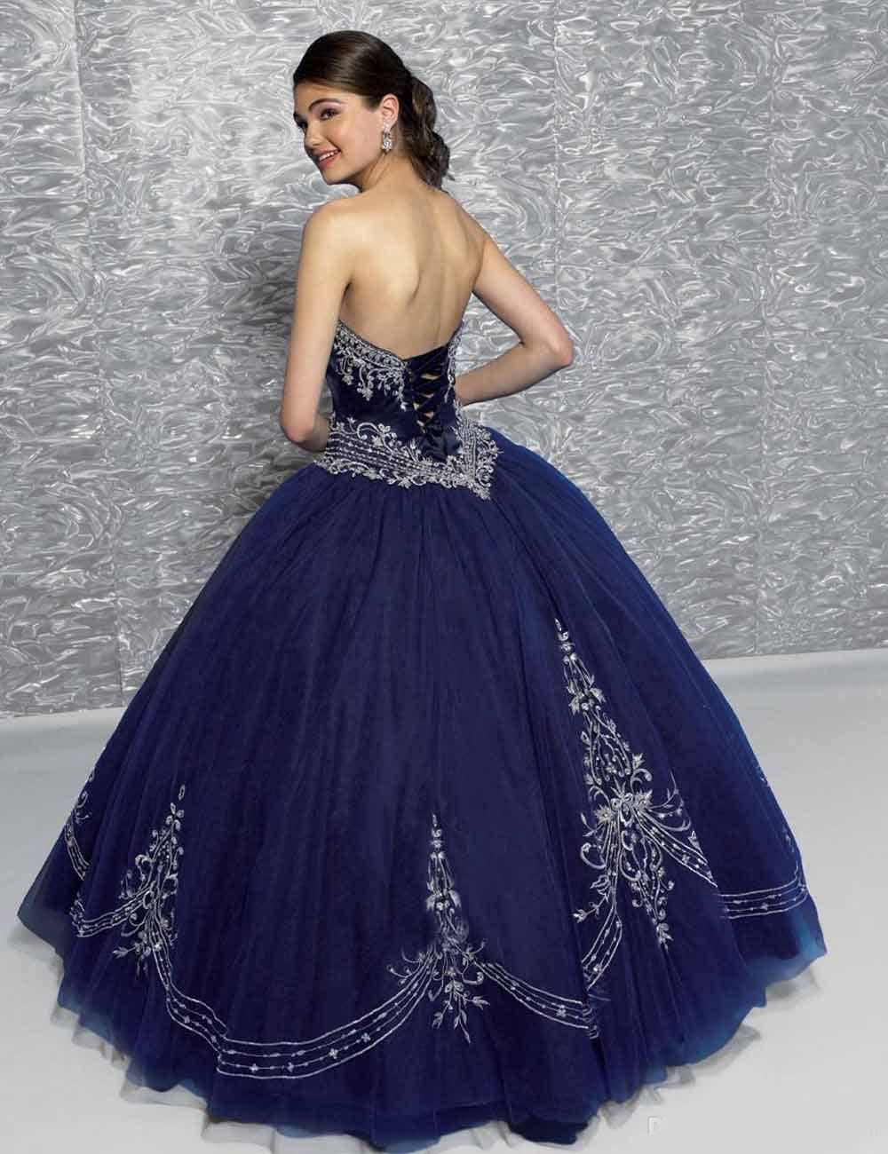 Navy Blue Lace Appliqued Ball Gown Quinceanera Dresses Strapless Neck Beaded Sweet 16 Dress Tulle Floor Length Corset Masquerade Gowns