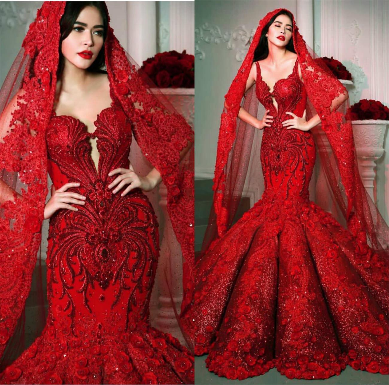 2020 Sparkly Red Mermaid Wedding Dresses Plunging Neck Lace Beading Appliques Vintage Wedding Dress Crystal Luxury Bridal Robes De Mariée