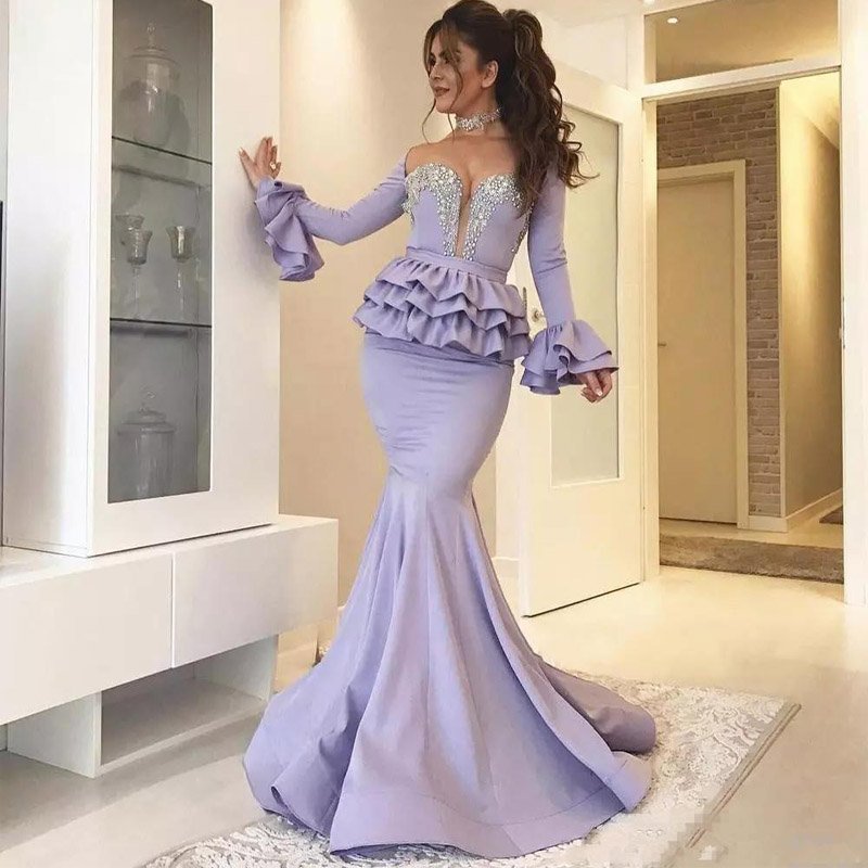 2020 Arabic Lavender Mermaid Prom Dresses Long Sleeve Peplum Crystal Beads Floor Length Plus Size Formal Evening Party Vestidos De Festa