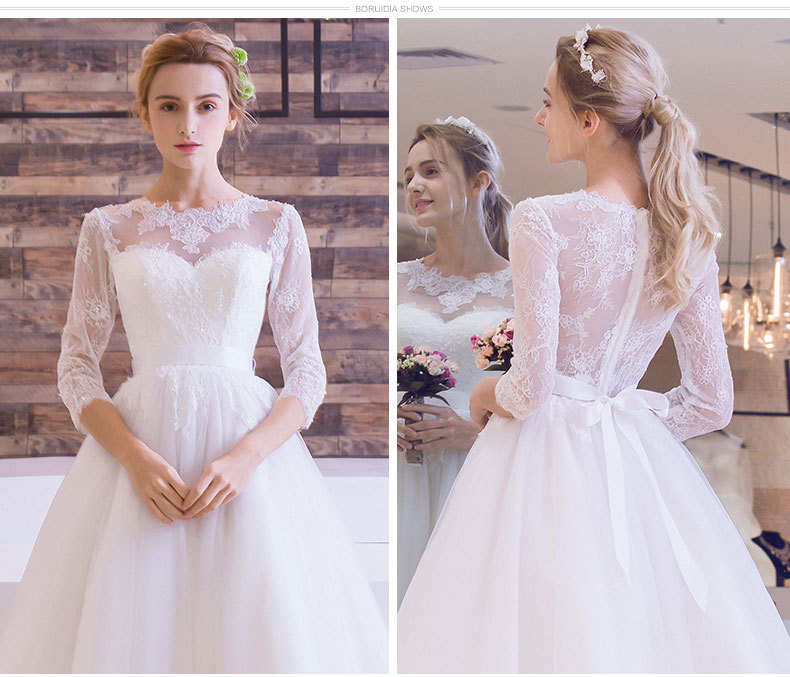 Knee Length Sheer Lace Wedding Dress 3/4 Long Sleeve Short Beach Lace Wedding Dresses Empire Backless Tulle New Fashion Summer Bridal Gowns