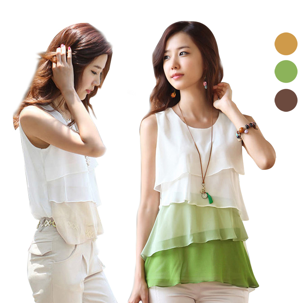 2019 New Design Multi-Colors Shirts for Spring Summer Style Flounce Tiered Tops Round Neck Sleeveless Shirt