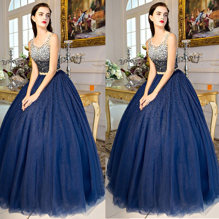 2019 Sparkle Navy Blue Sequined Prom Dress Sheer Jewel Neck Ball Gowns Full Beaded Long Evening Gowns