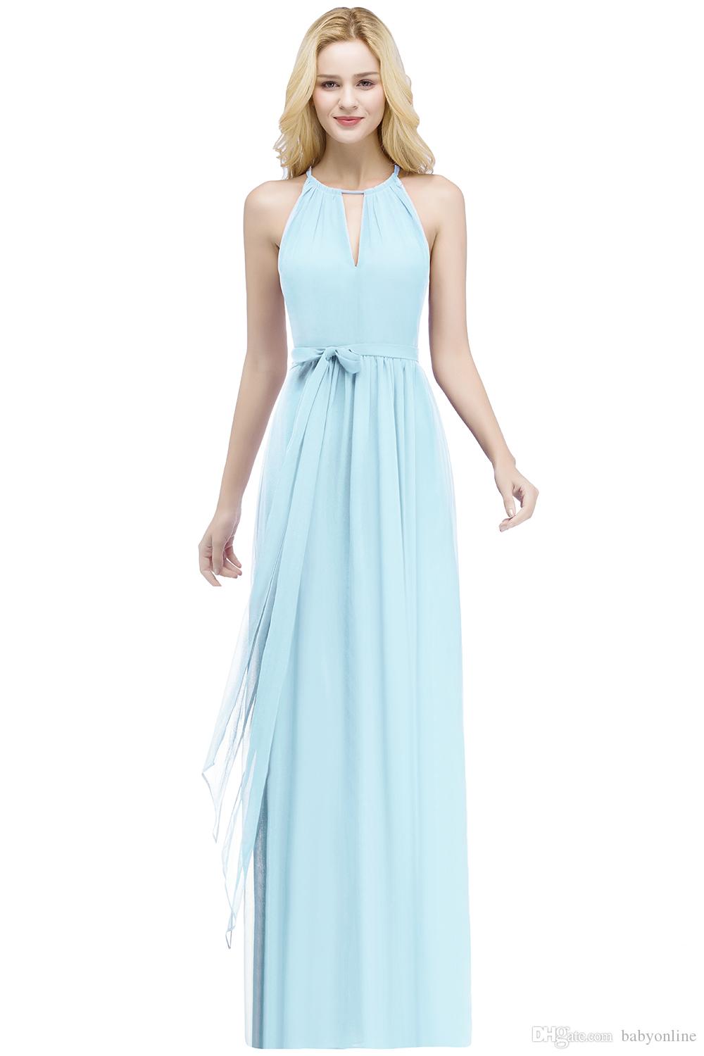 New Arrival Bury Chiffon Bridesmaid Dress Length Pleats Evening Prom Gowns Sexy Halter Neck With Belt Cps868