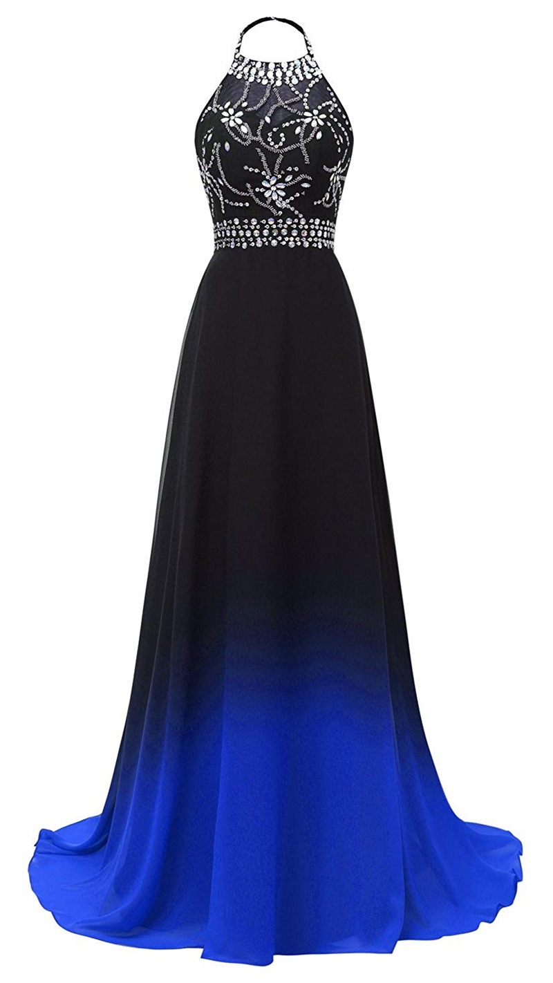 New Sexy 2019 Halter Crystals Beads Long Gradient Prom Dresses Chiffon Backless Plus Size Ombre Cocktail Evening Party Gown QC1320