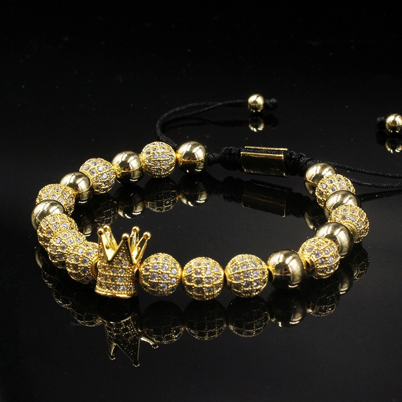Men BraceletsLuxury Crown Charm 8mm Micro Pave CZ Round Braided Macrame Bracelet Pulseira Feminina Handmade Jewelry Women Gift Valentine's Day Ho