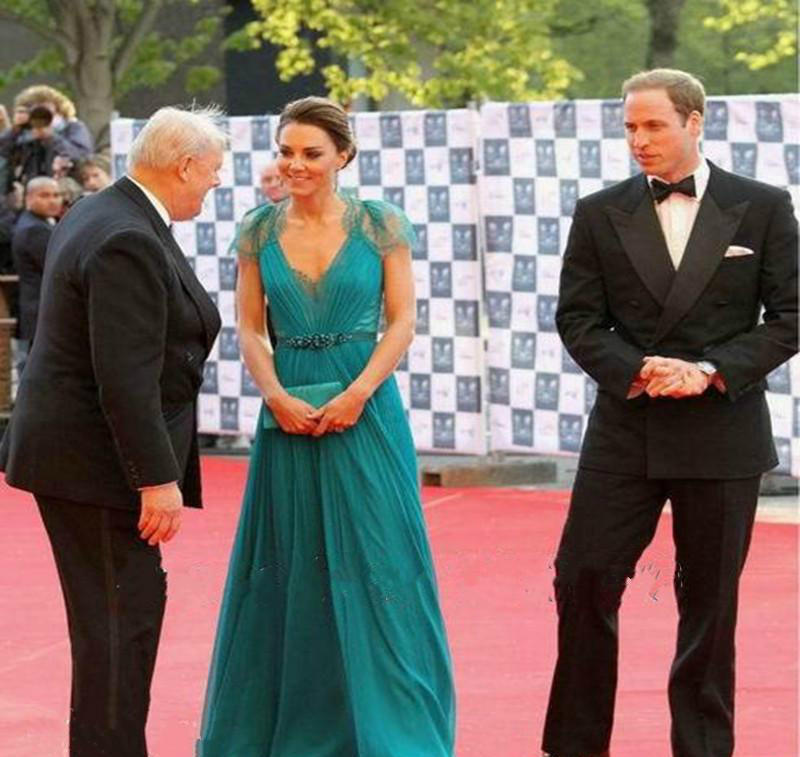 Designer Red Carpet Celebrity Kate Middleton Dresses Blue Lace Chiffon Prom Evening Dress Sexy See Though Back Special Occasion Formal Gowns