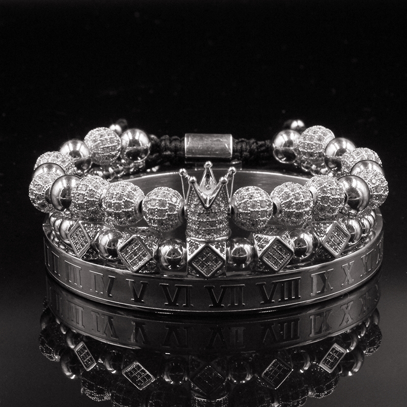 3pcs/set Men Bracelets Luxury Crown Charm Micro Pave CZ Round Braided Macrame Bracelet Pulseira Feminina Handmade Jewelry Women Gift Valentine's 