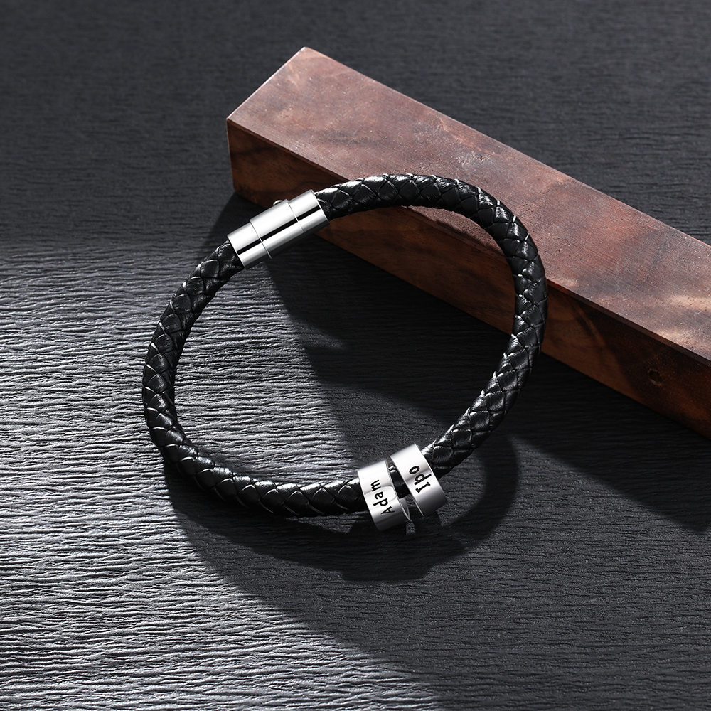 JewelOra 925 Sterling Silver Personalized Custom 2- 5 Names Beads Bracelets for Men Charm Black Braided Leather Bracelet Jewelry CX200704