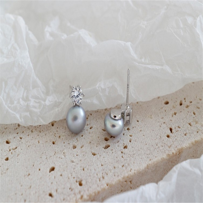 100% 925 Sterling Silver Zircon Earrings For Women Natural Freshwater Pearl Stud Earring Female Silver Fine Jewelry
