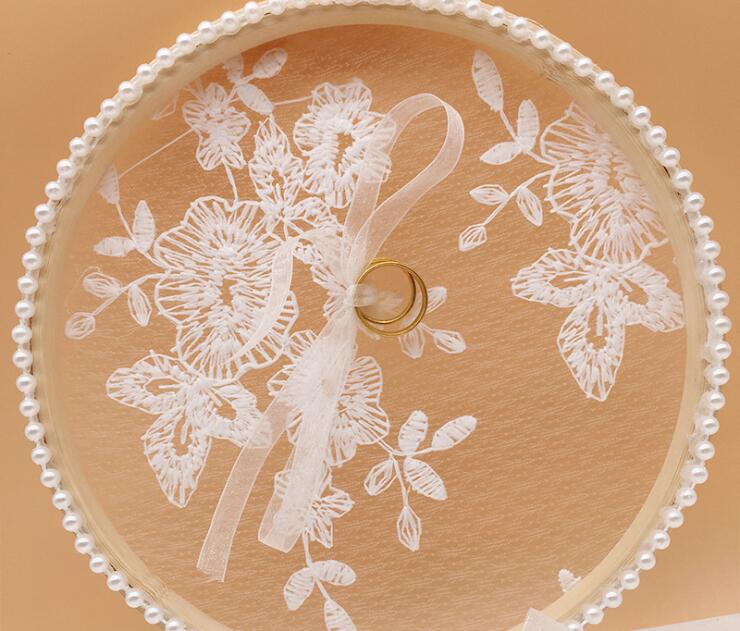 Wedding Ring Pillow Hollow Butterfly Round Ring Box Wedding Mariage Decor Ring Pillow Cushion Pearl with Bow Tie