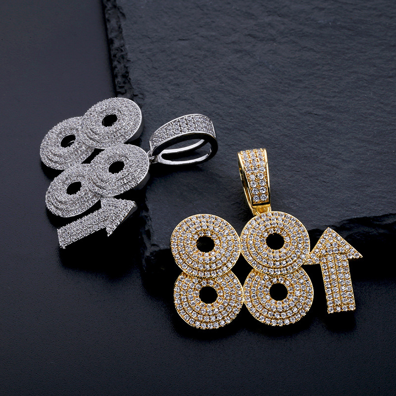 88 Rising Rich Chigga Pendant Necklace Hip Hop Full Cubic Zirconia with Silver Gold Twist Chain
