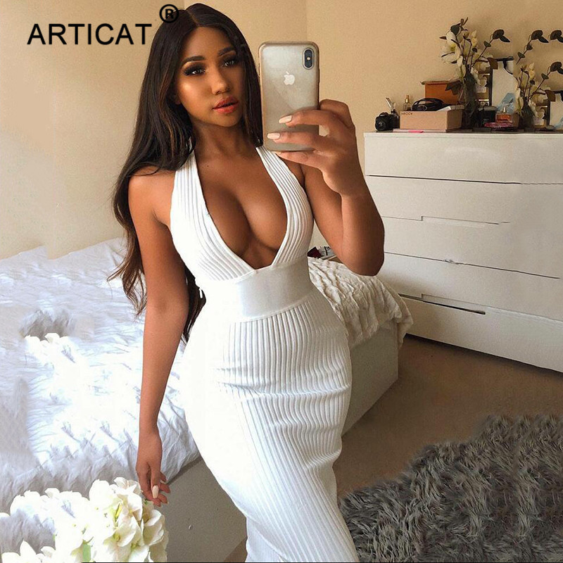 Articat Halter Backless Sexy Knitted Pencil Women White Off Shoulder Long Bodycon Party Elegant Autumn Winter Dress C19041701