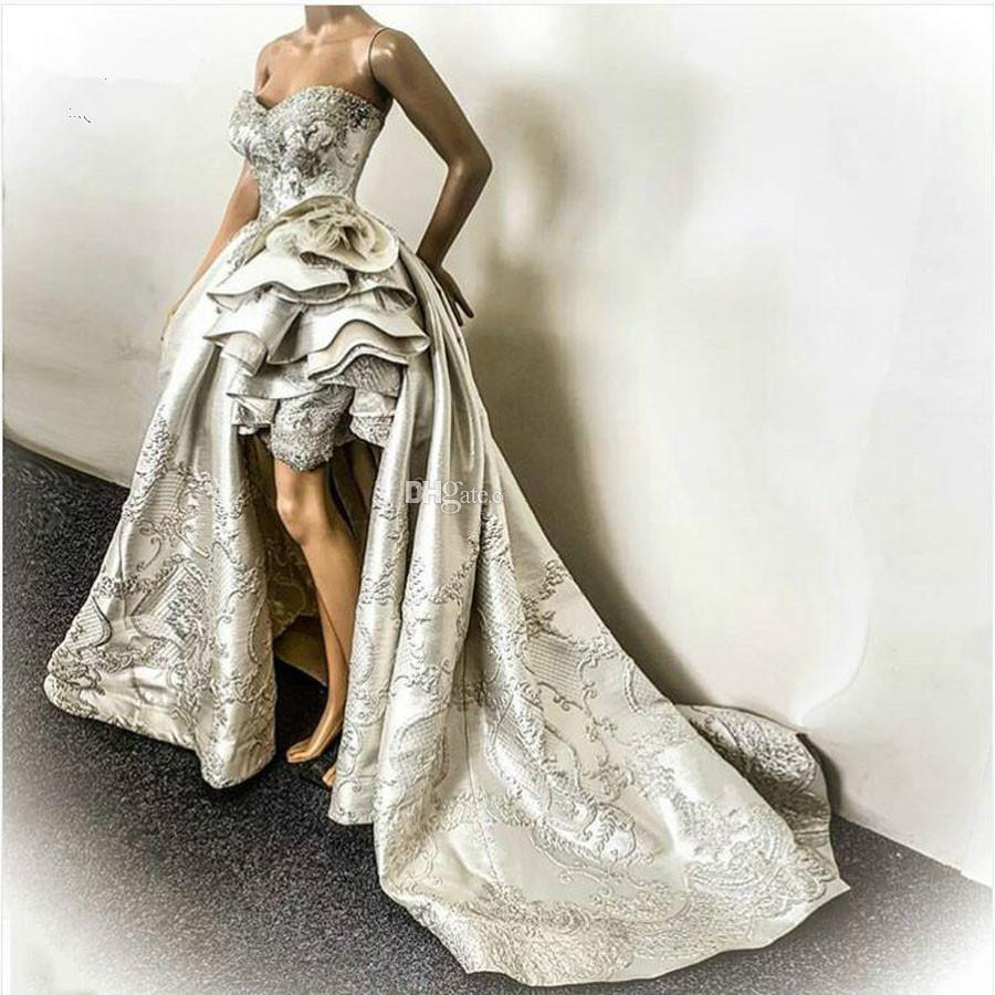 Luxury Ruffles Evening Dresses Lace Appliqued Sweetheart High Side Split High Low Prom Dress Sweep Train Custom Made Formal Party Gowns