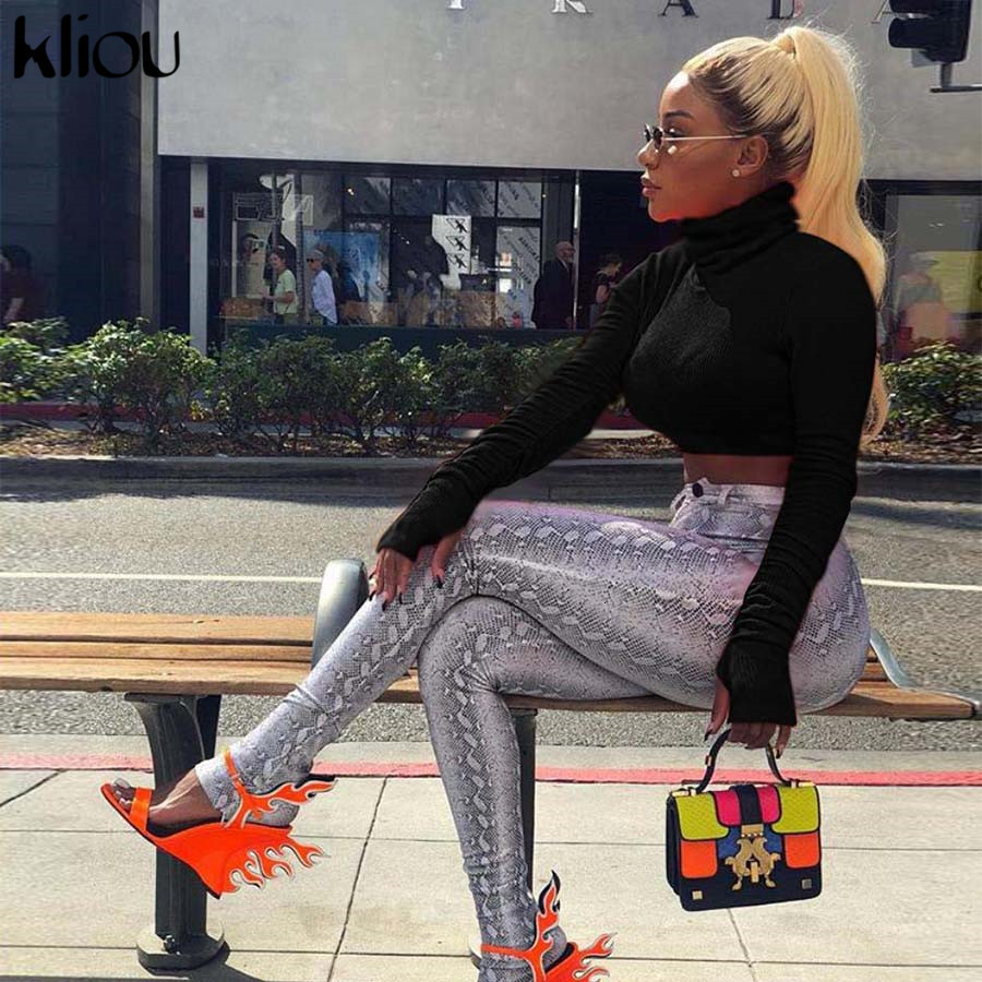 Kliou 2018 Autumn Winter Women Turtleneck Sweatshirts Full Sleeve Fluorescence Solid Color Female Short Pullovers Hoodies Tops C19041102