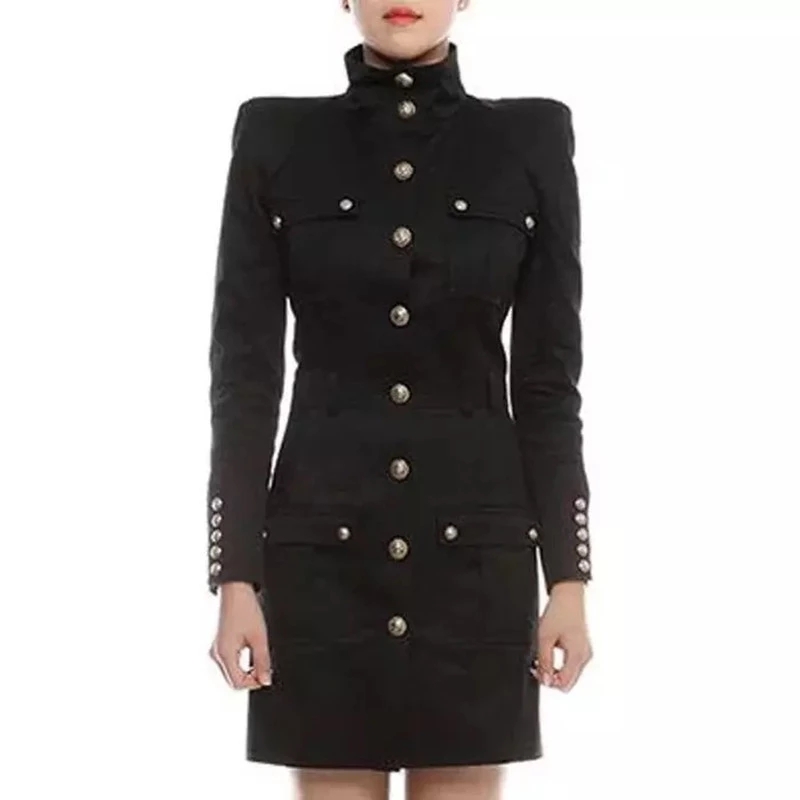 European and American stars with the same black and white turtleneck slim rivet lion button long sleeve jacket dress, Black;pink
European and American stars with the same black and white turtleneck slim rivet lion button long sleeve jacket dress, Black;pink