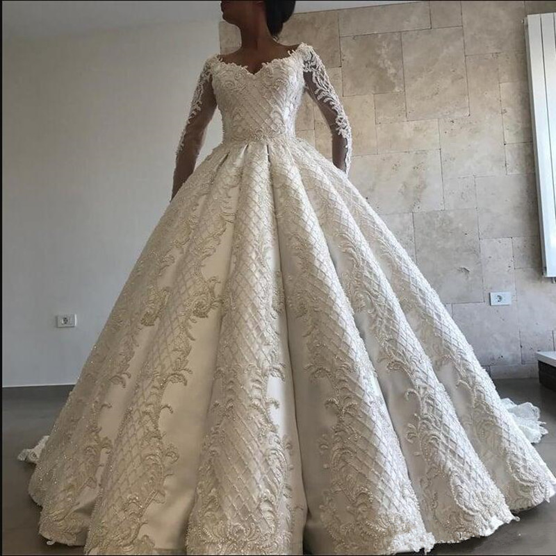 Modest Long Sleeve Wedding Dresses Lace Ball Gown Wedding Dress Beads V Neck Bridal Gowns Robe De Mariee