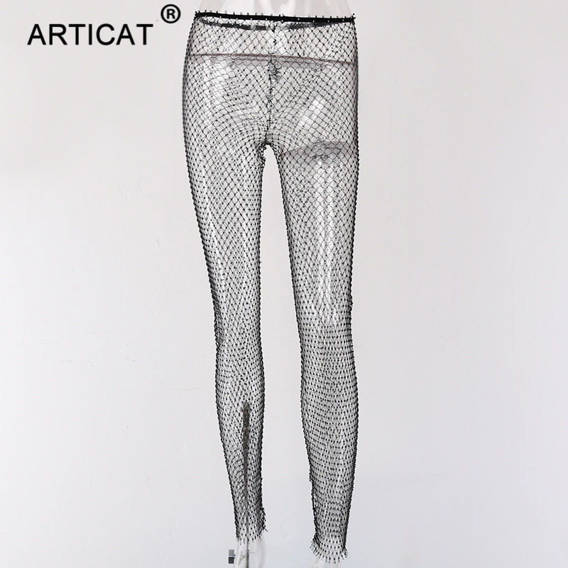 Articat Black Diamonds Fishnet Sexy Pants Women Bottoms Crystal Rhinestones Hollow Out Transparent Beach Club Party Trousers
