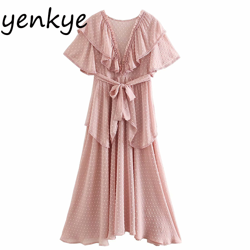 Sweet Women Pink Dotted Ruffle Long Dress Elegant Lady Sexy Backless O Neck Short Sleeve Sashes A-line Summer Chiffon Dress, As pic
Sweet Women Pink Dotted Ruffle Long Dress Elegant Lady Sexy Backless O Neck Short Sleeve Sashes A-line Summer Chiffon Dress, As pic