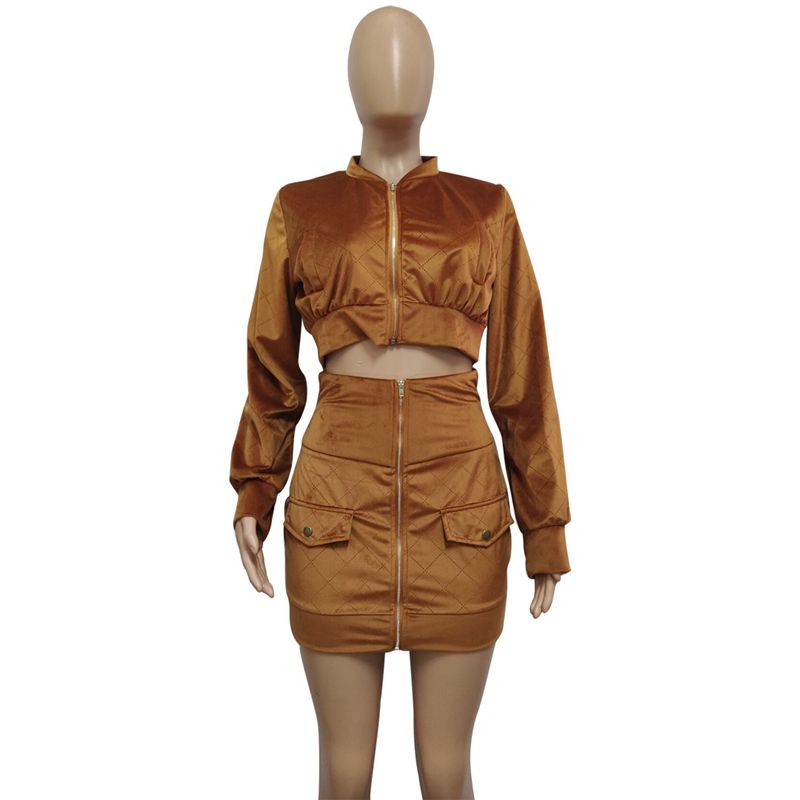 ZOOEFFBB Sexy Two Piece Set Women Autumn Winter Outfits Festival Clothing Zip Crop Top and Mini Skirt Matching Suits 2 Piece Set