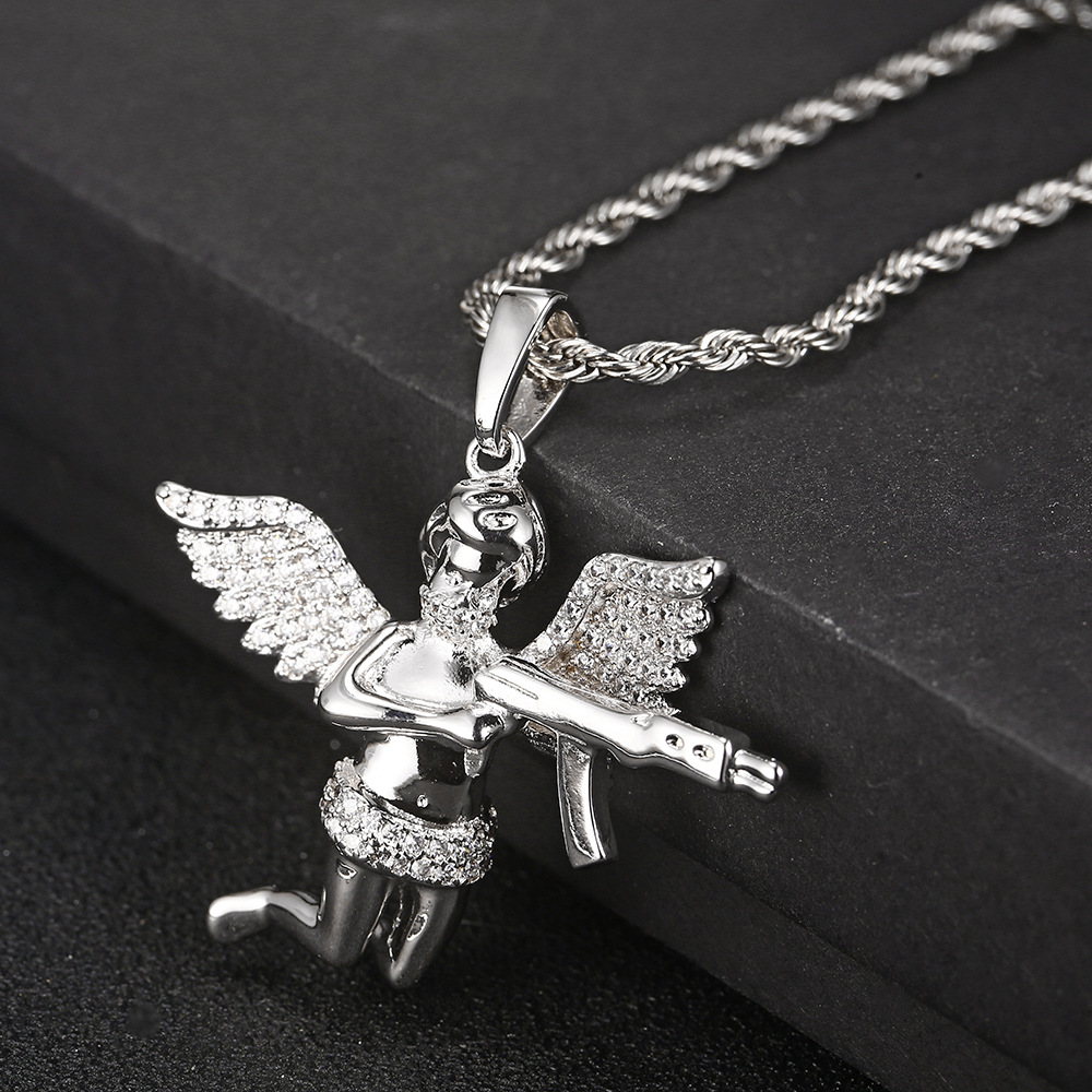 Hip Hop Revenge Angel with Gun Pendant Necklace Full Zircon Winging Angel Men Women Lover Couple Jewelry