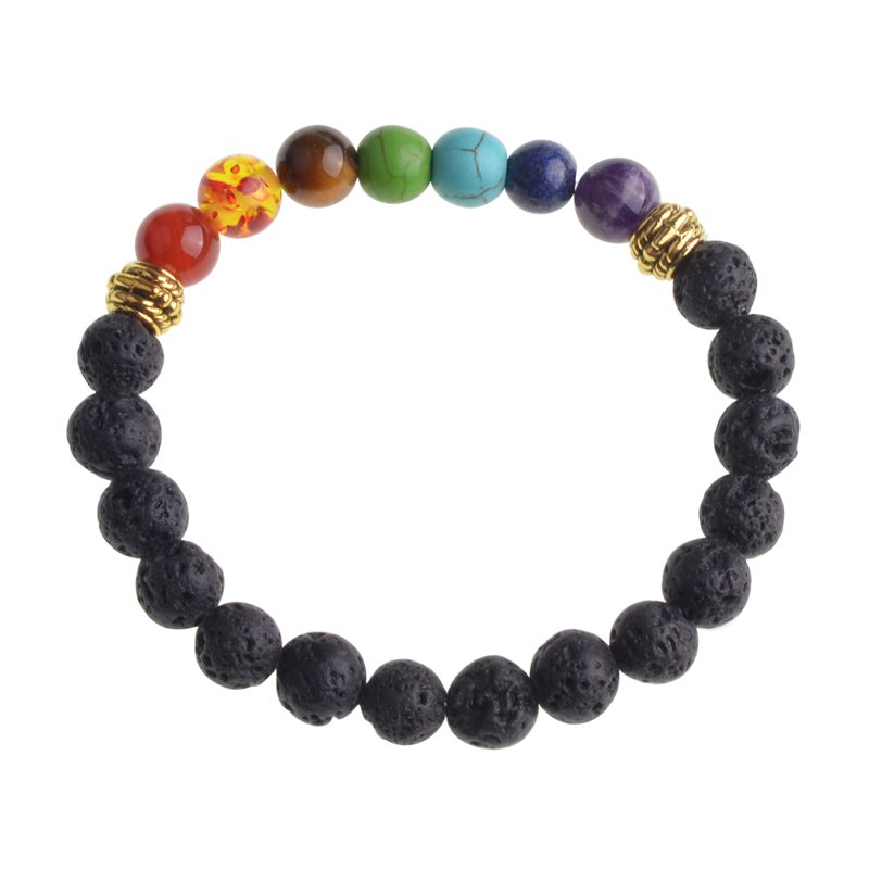 Black Lava Stone Jewelry 7 Chakra Bracelets Strands 8mm Yinyang Rock Bead Elastic Natural Stones Gemstones Yoga Menditation Beads for Men Women Girls