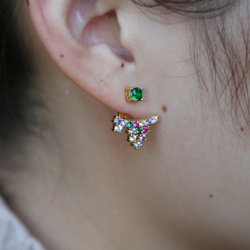 front back cz earring Mix multi color stone elegance gold color double side women girl fashion jewelry high quality