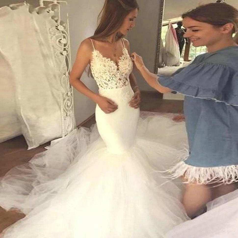 Cheap Mermaid Sexy Dresses Lace Appliques Spaghetti Straps Backless Chapel Train Wedding Dress Bridal Gowns Vestidos De Marriage