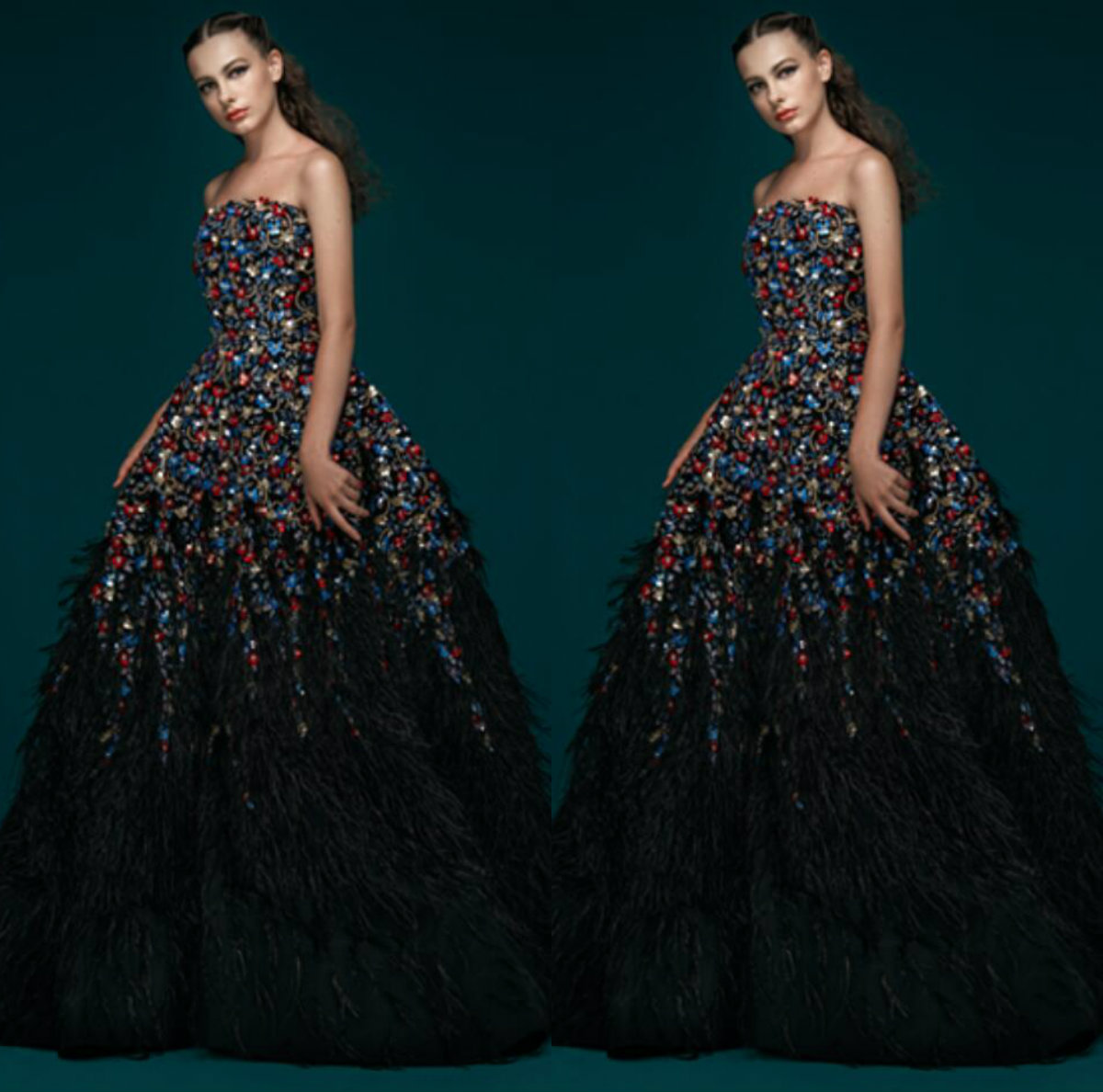Black Feather Prom Dresses Strapless A Line Luxury Colorful Crystal Sleeveless Sweep Train Elegant Evening Dress Vestidos De Quinceañera