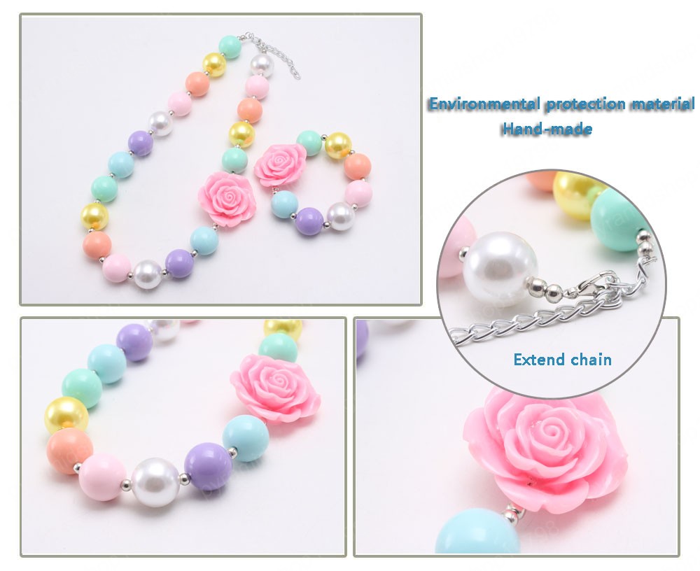Adorable Candy Color Chunky Beads Necklace Bracelet With Rose Flower Kids Girls Child Chunky Beaded Jewelry Set Colorful