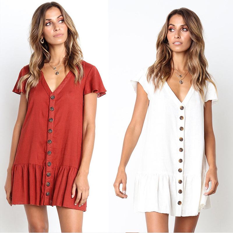 Casual Dresses Women Vintage Ruffle Button A-line Mini Dress Sexy V Neck Solid Loose Short Fashion Summer Elegant Party