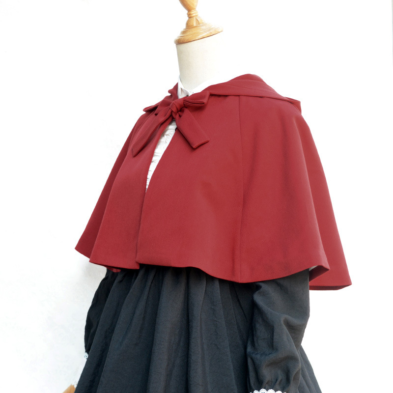 Japanese Inspired Style Vintage Princess Lovely Lolita Short Cloak Hooded Poncho Coat Sweet Ties Front Outwear Mini Jacket Cape Black Red
