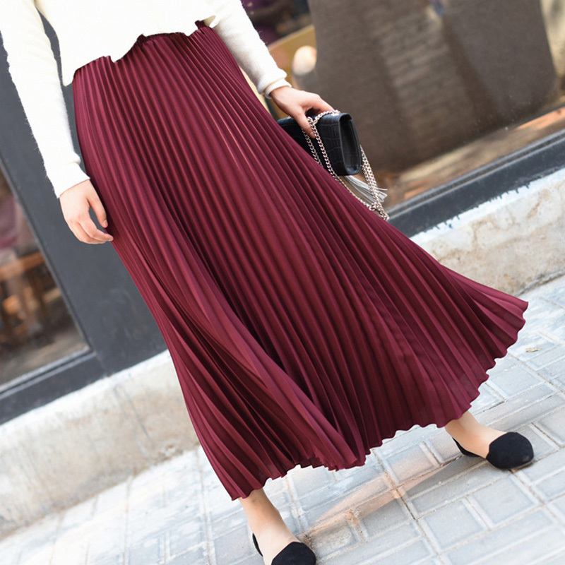 Sheblingbling Women Long Skirt Spring Summer Stretchy High Waist Maxi Pleated Skirt Ankle Length Elegant Female Casual Skirts T200106