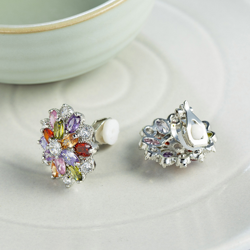 LuckyShine Trendy Women Ear clip colorful Cubic Zirconia Cz Flower 4 Color 925 sterling Silver plated Earrings 3 Pair/Lot Free Shipping