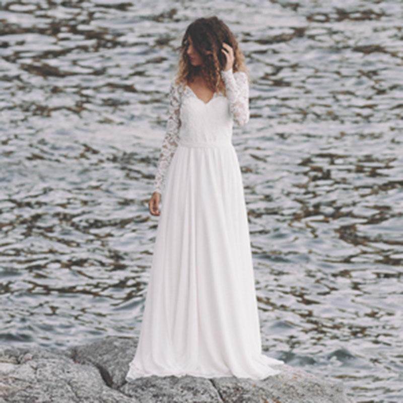 Simple Fall White Top Lace Country Beach Wedding Dresses V Neck Full Sleeve Chiffon Low Back Bohemian Bridal Gowns Slim casual Bride Dresses