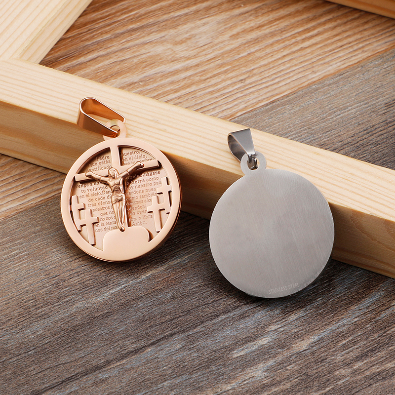 Jesus Cross Pattern Pendant Necklace Jewelry Round Shape Stainless Steel Gold Plated Pendants Men Women Religious Jewelry
