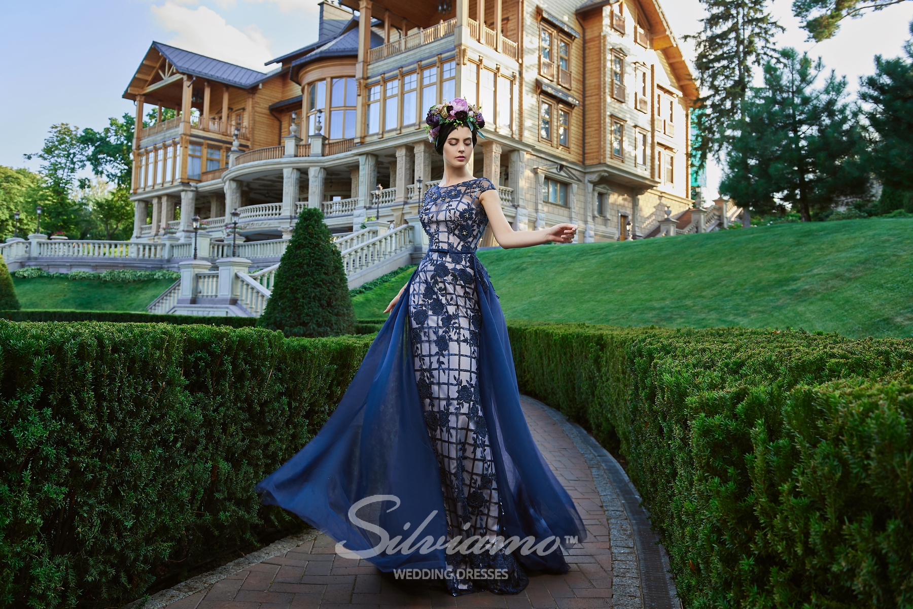 Elegant Sliviamo Mermaid Prom With Detachable Jewel Short Sleeve Crystal Lace Applique Party Dress Sweep Train 0508