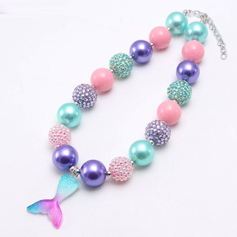 fashion colors girls chunky bubblegum beads necklace with mermaid tail pendant handmade necklace for baby kids best gift