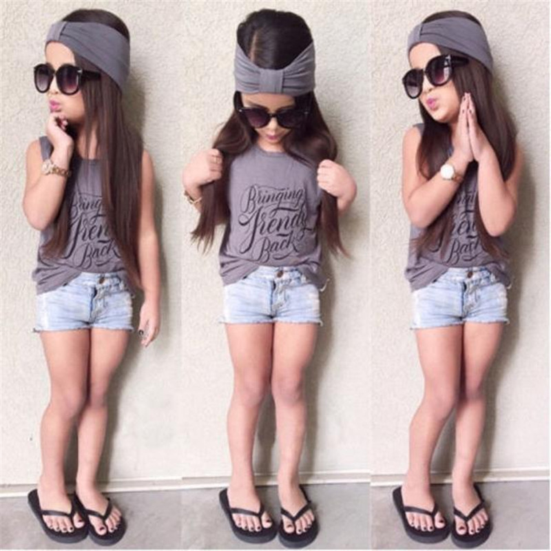 Kid Toddler Baby Girl Clothes Summer Sleeveless Letter Print Vest Top Jeans Short Pants headband 3Pcs Outfits Clothes Baby Set, Gray
Kid Toddler Baby Girl Clothes Summer Sleeveless Letter Print Vest Top Jeans Short Pants headband 3Pcs Outfits Clothes Baby Set, Gray