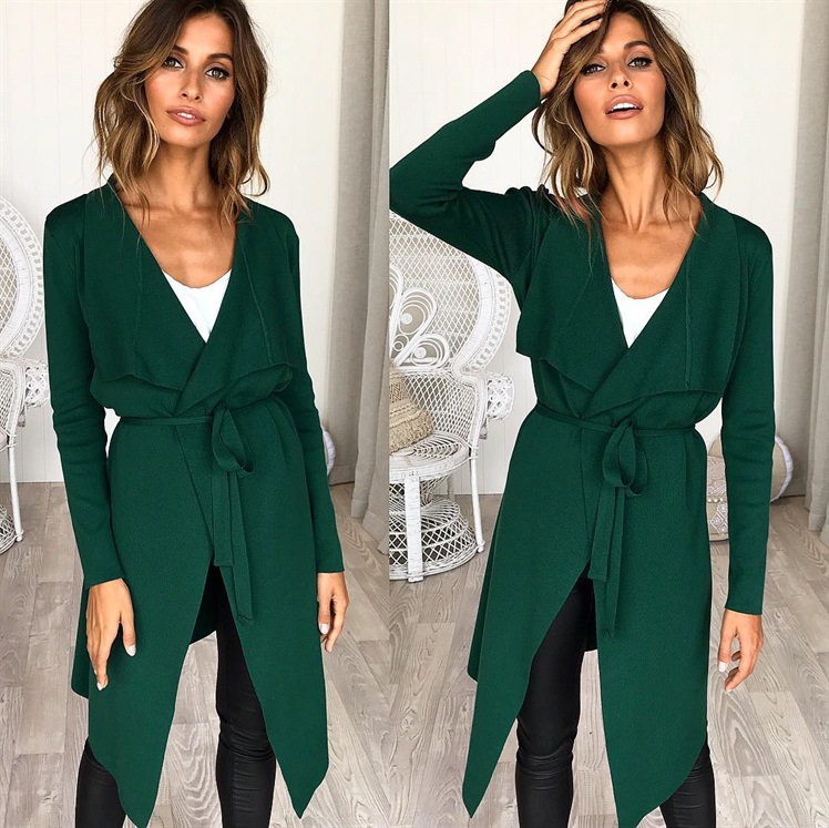 New Coat women long 2020 sashes solid color v-neck spring and autumn fashion cardigan hot winter coats womens vestidos ONY0947, Green 
New Coat women long 2020 sashes solid color v-neck spring and autumn fashion cardigan hot winter coats womens vestidos ONY0947, Green